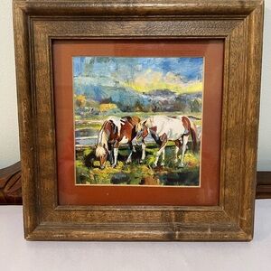 Johnna Luther Print Horses Grazing 9.5x9.5” Framed Matted Colorado Landscape